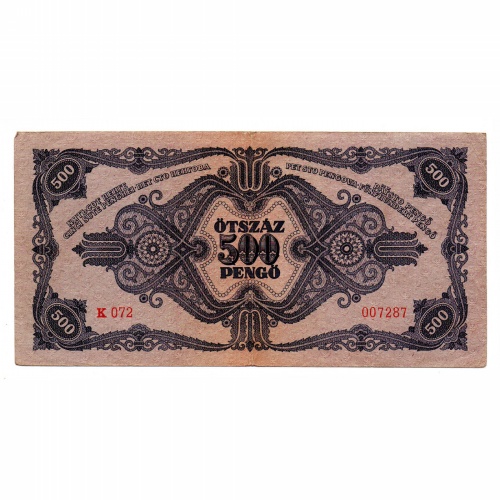 500 Pengő Bankjegy 1945 VF alacsonyabb sorszám 007287