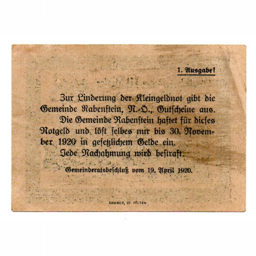 Ausztria Notgeld Rabenstein 10 Heller 1920 