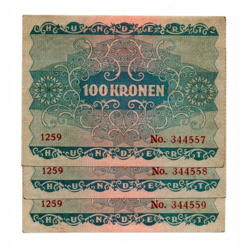 Ausztria 100 Korona Bankjegy 1922 EF sorszámkövető 3 db