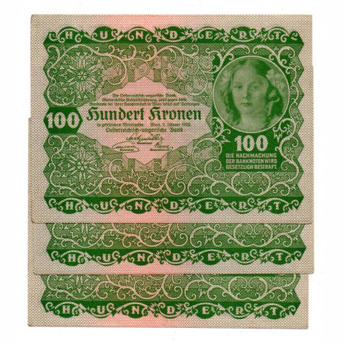 Ausztria 100 Korona Bankjegy 1922 EF sorszámkövető 3 db