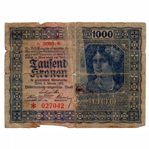 Ausztria 1000 Korona Bankjegy 1922 sorozatszám 3000 felett