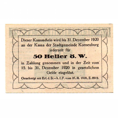 Ausztria Notgeld Korneuburg  50 Heller 1920 narancs