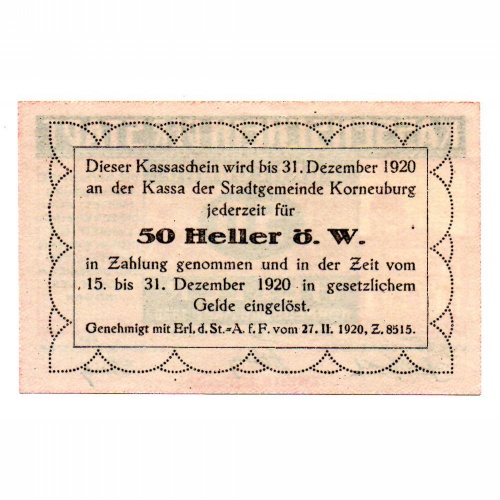 Ausztria Notgeld Korneuburg 50 Heller 1920 rózsaszín