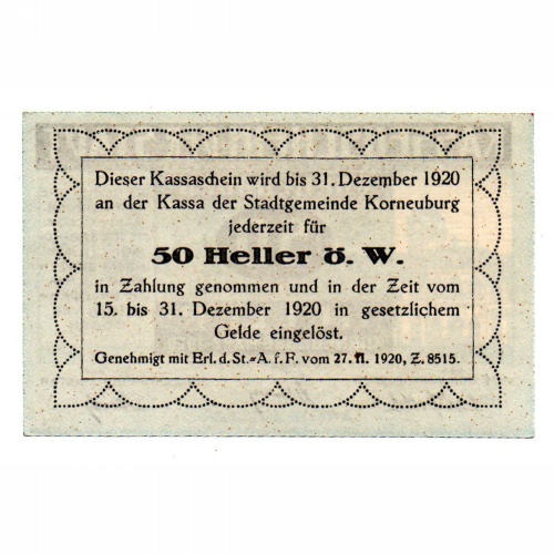 Ausztria Notgeld Korneuburg  50 Heller 1920 kék