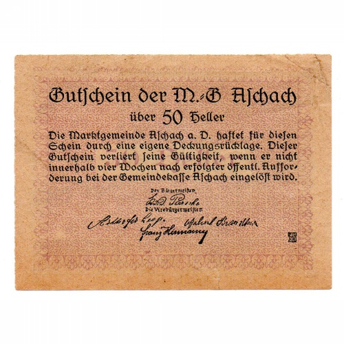 Ausztria Notgeld Aschach a.d. Donau 50 Heller 1920