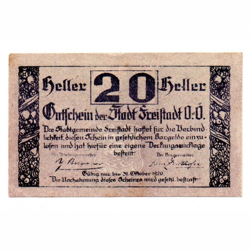 Ausztria Notgeld Freistadt 20 Heller 1920