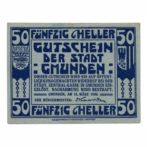 Ausztria Notgeld Gmunden 50 Heller 1920