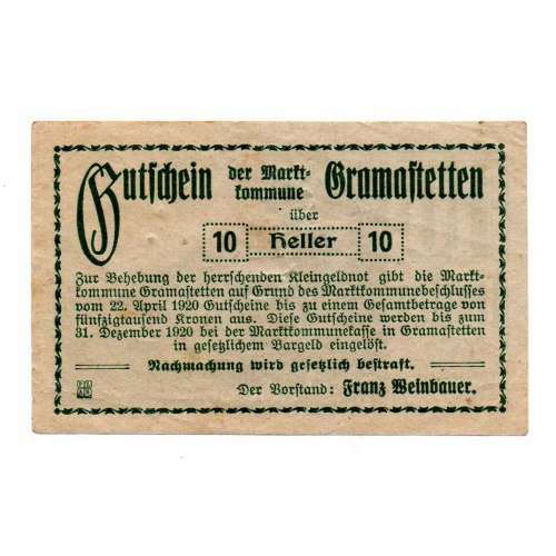 Ausztria Notgeld Gramastetten 10 Heller 1920