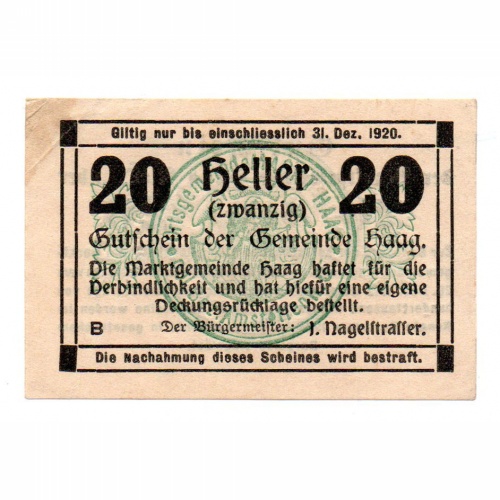 Ausztria Notgeld Haag 20 Heller 1919