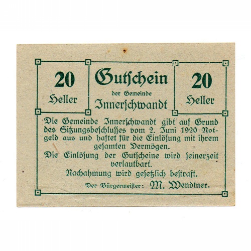 Ausztria Notgeld Innerschwandt 20 Heller 1920 nyomdahibás