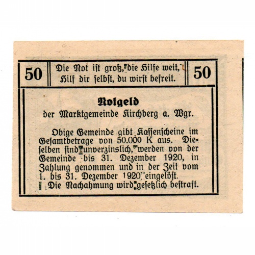 Ausztria Notgeld Kirchberg am Wagram 50 Heller 1920