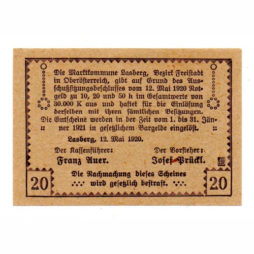 Ausztria Notgeld Lasberg 20 Heller 1920