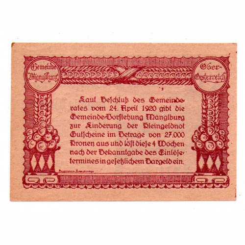 Ausztria Notgeld Manglburg 20 Heller 1920