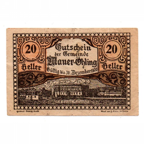 Ausztria Notgeld Mauer-Öhling 20 Heller 1920