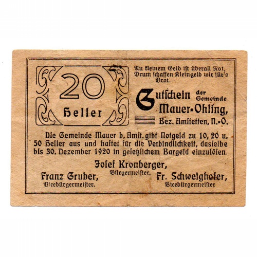 Ausztria Notgeld Mauer-Öhling 20 Heller 1920