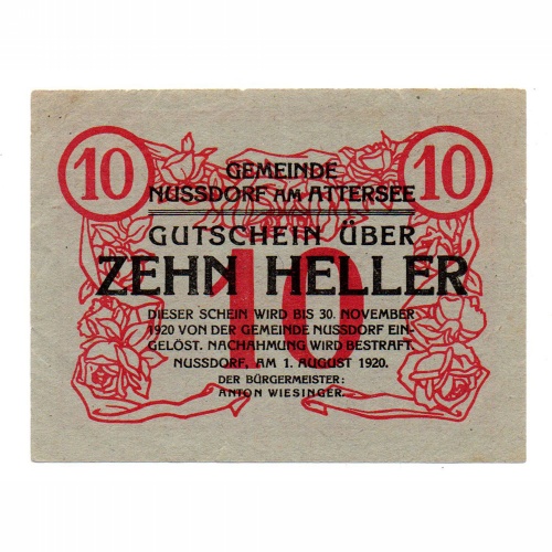 Ausztria Notgeld Nussdorf am Attersee 10 Heller 1920