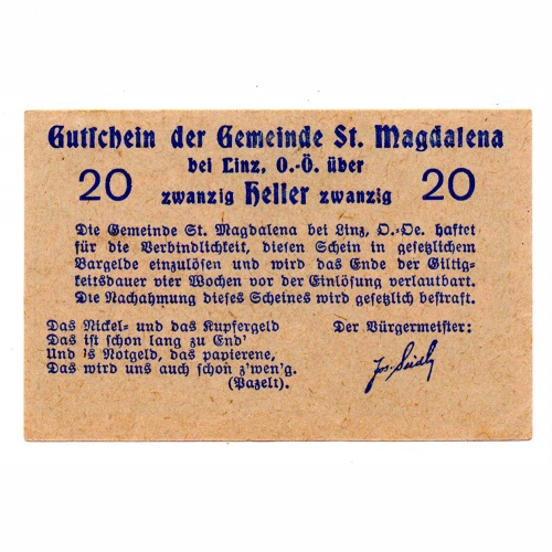 Ausztria Notgeld Sankt Magdalena bei Linz 20 Heller 1920