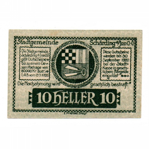 Ausztria Notgeld Scharding 10 Heller 1920