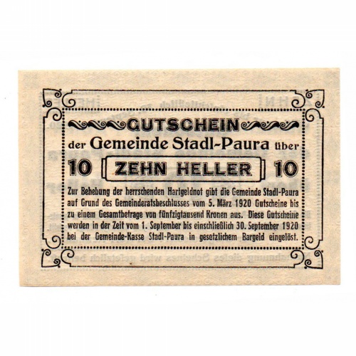 Ausztria Notgeld Stadl-Paura 10 Heller 1920