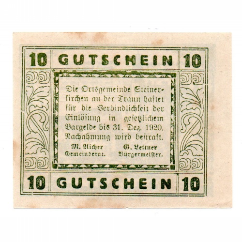 Ausztria Notgeld Steeinerkirchen an der Traun 10 Heller 1920