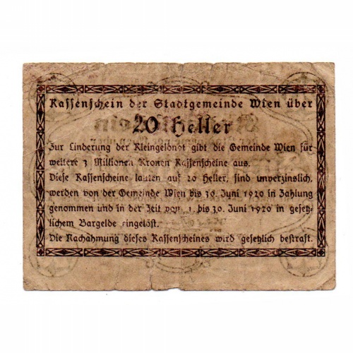 Ausztria Notgeld Wien 20 Heller 1920 Bécs weitere 3 Millionen