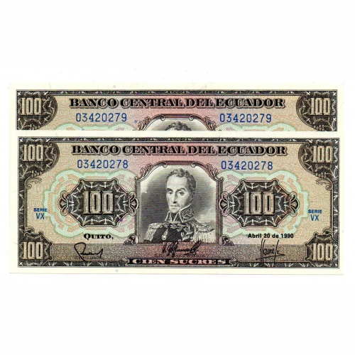 Ecuador 100 Sucres Bankjegy 1990 P123 VX sorszámkövető pár