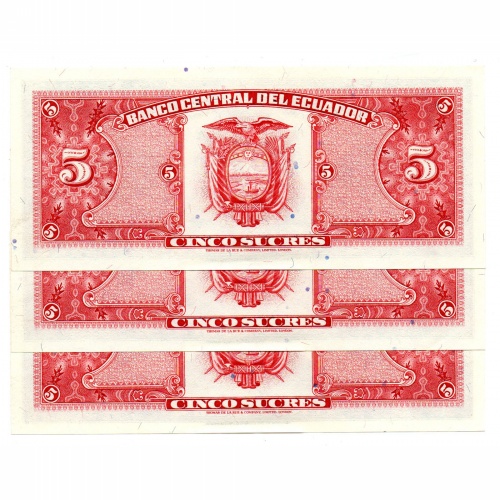 Ecuador 5 Sucres Bankjegy 1988 P113d3 sorszámkövető 3 db