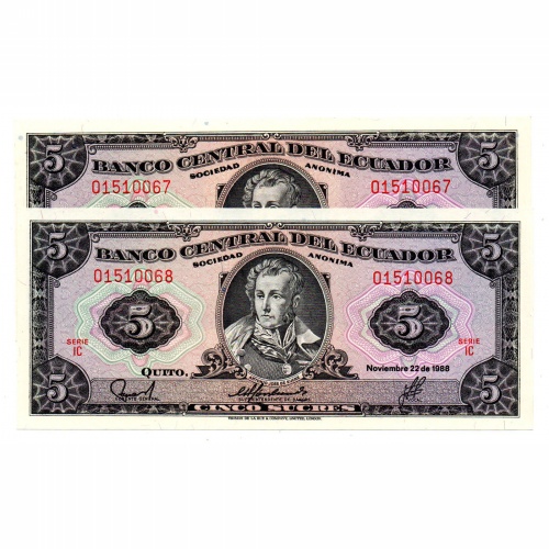 Ecuador 5 Sucres Bankjegy 1988 P113d3 sorszámkövető pár