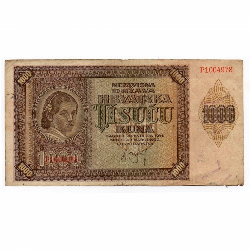 Horvátország 1000 Kuna Bankjegy 1941 P4a F