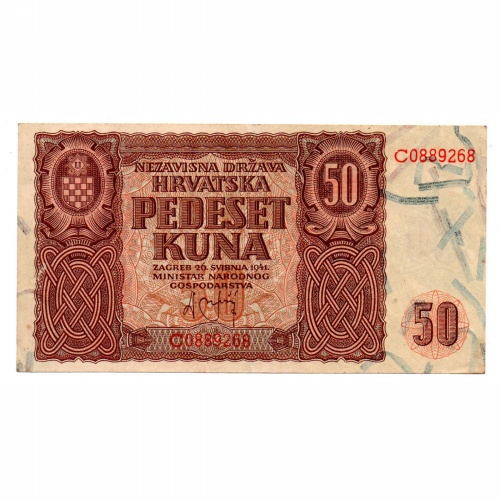 Horvátország 50 Kuna Bankjegy 1941 P1a gVF