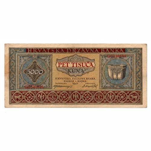 Horvátország 5000 Kuna Bankjegy 1943 P13a VF