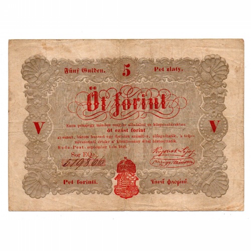 Kossuth 5 Forint Álladalmi pénzjegy 1848 F