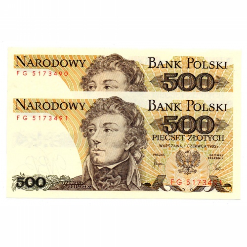 Lengyelország 500 Zloty Bankjegy 1982 P145d L161b sorkövető pár