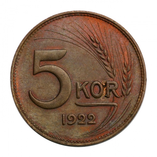 Magyar Királyság 5 Korona 1922 Próbaveret Bronz 