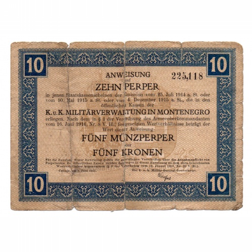 Montenegro 10 Perper - 5 Korona Bankjegy 1917 PSM151