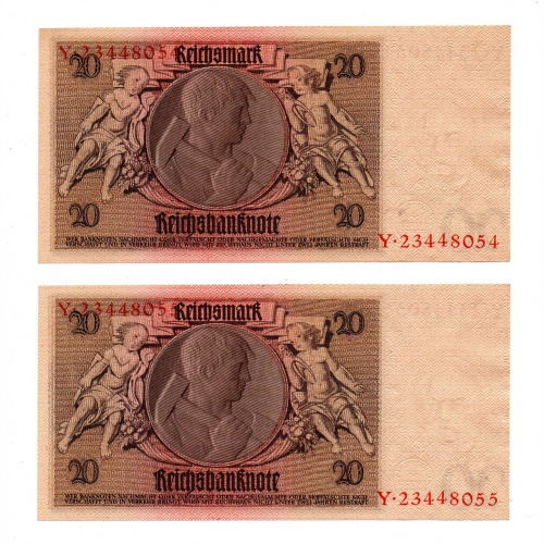 Német 20 Reichsmark Bankjegy 1929 P181 sorszámkövető pár