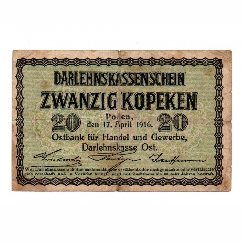 Németország-Litvánia 20 Kopek Bankjegy 1916 PSR120