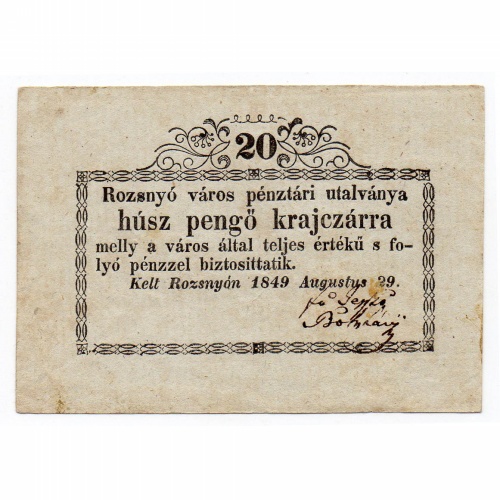 Rozsnyó 20 Pengő krajczárra Pénztári utalvány 1849.