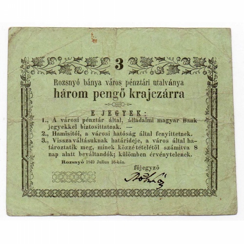 Rozsnyó 3 Pengő krajczárra Pénztári utalvány 1849 normál