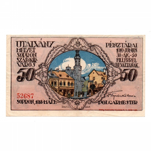 Sopron Város 50 Fillér Utalvány 1918 VF