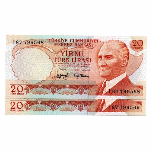 Törökország 20 Lira Bankjegy 1974 P187a F sorozat sorszámkövető