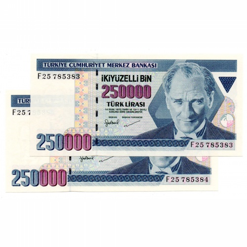 Törökország 250000 Líra Bankjegy 1998 P211 sorszámkövető pár