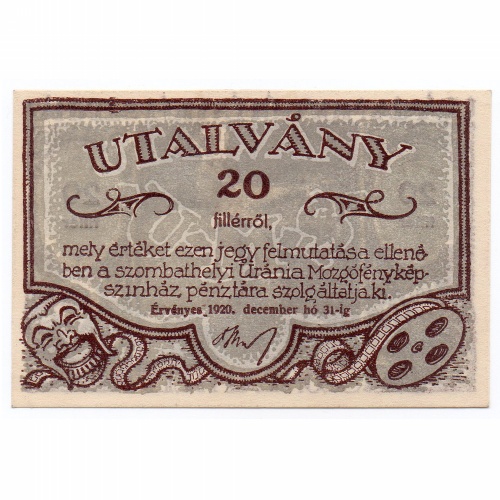 Uránia 20 Fillér utalvány Szombathely 1920