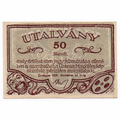 Uránia 50 Fillér utalvány Szombathely 1920